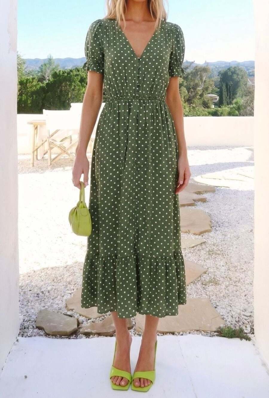 Forever 21 Olive Green Polka Dot V-Neck Short Sleeve Tiered Midi Dress